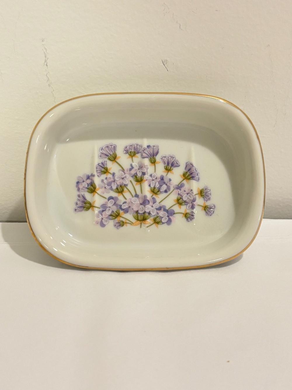 Vintage porcelain soap dish hand painted floral design purple flowers gold trim